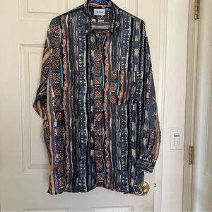 Cezar 100% Silk Abstract Artistic Aztecs Boho Shirt Mens Size Large Long Sleeve